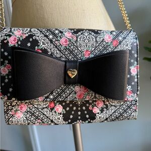 Betsey Johnson Black and Pink Floral Crossbody Bag